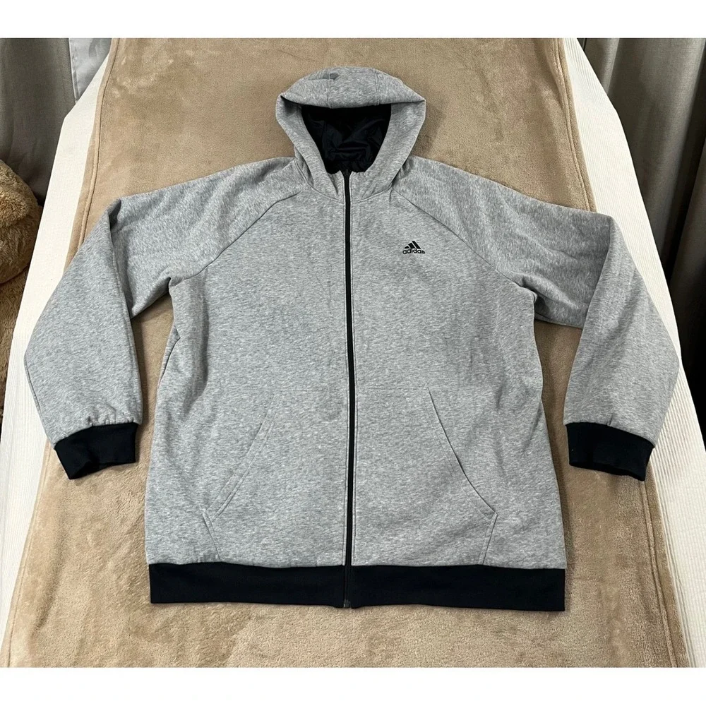 Adidas Reversible Hooded 3‎ Stripe Jacket Size 2XL Black Grey White Full zip